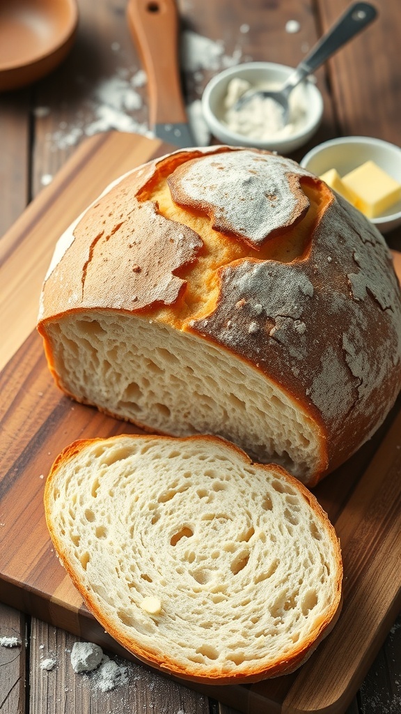 No Dutch Oven Sourdough Bread Recipe A golden-brown loaf of sourdough bread on a cutting board with slices cut, set in a rustic kitchen.